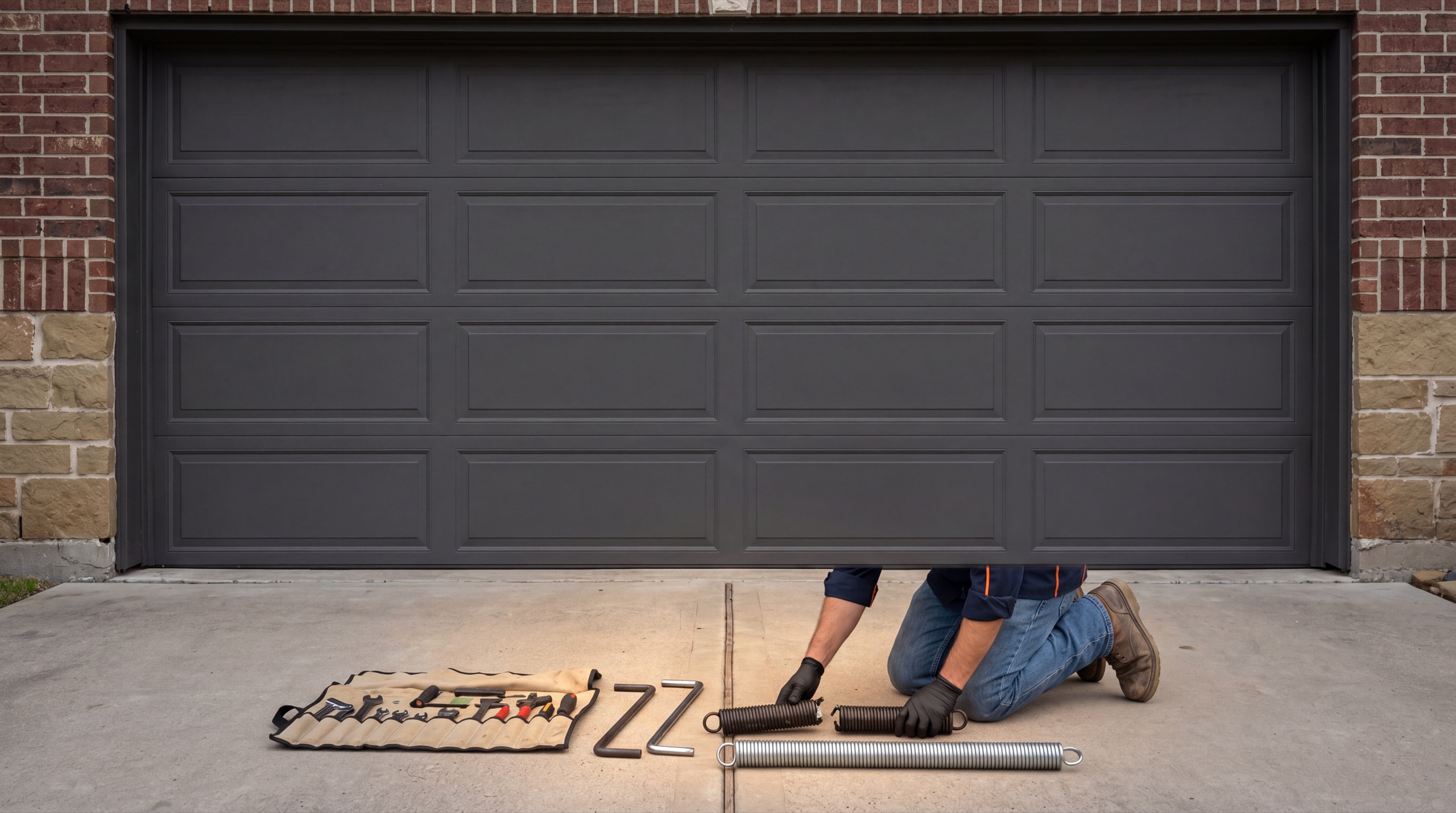 Garage door technician replacing springs at a Katy, TX home