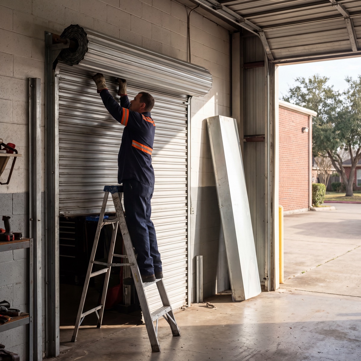 Commercial roll-up garage door at a Katy business
