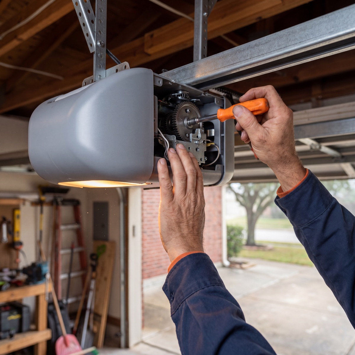Garage door opener being installed on a ceiling rail