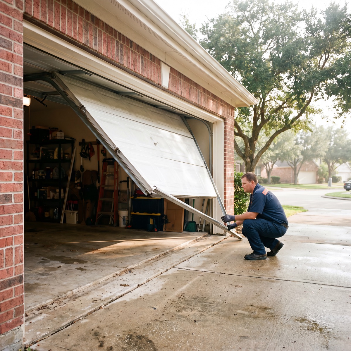 Technician repairing a garage door in Katy, TX