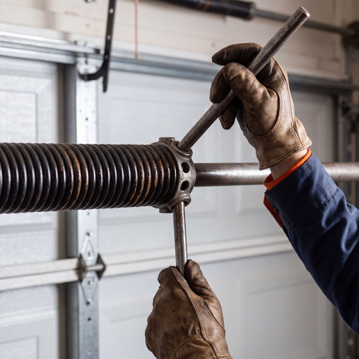 Close-up of a garage door torsion spring being replaced